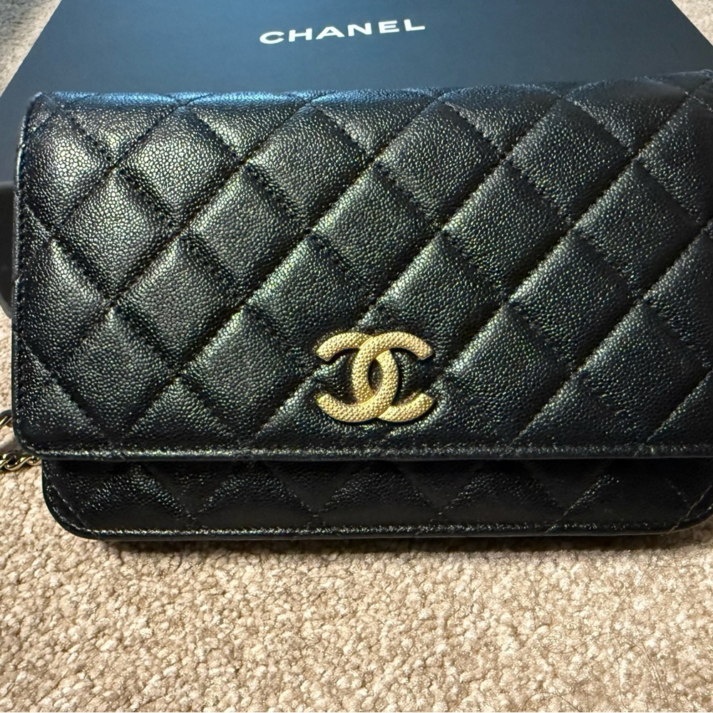Authentic : CHANEL Black Quilted Wallet with Gold Logo
